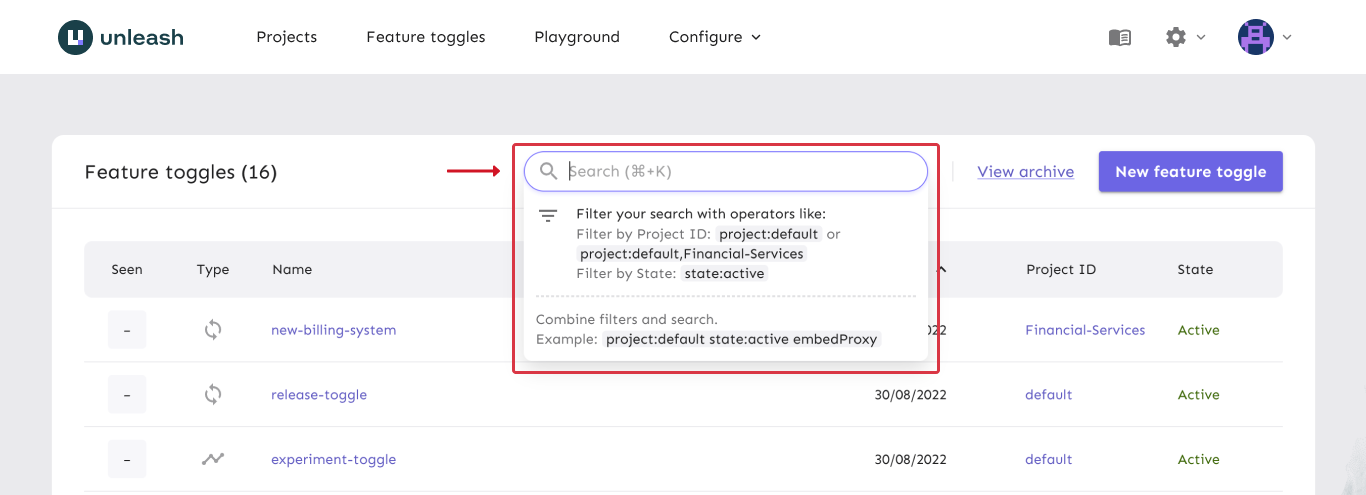 The feature flag list with flags scoped to the &quot;fintech&quot; project. The filter is activated by using a form control.