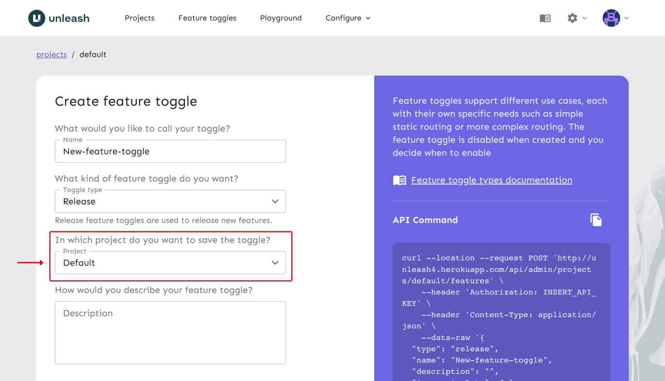 A form to create a flag. An arrow points to an input labeled &quot;project&quot;.