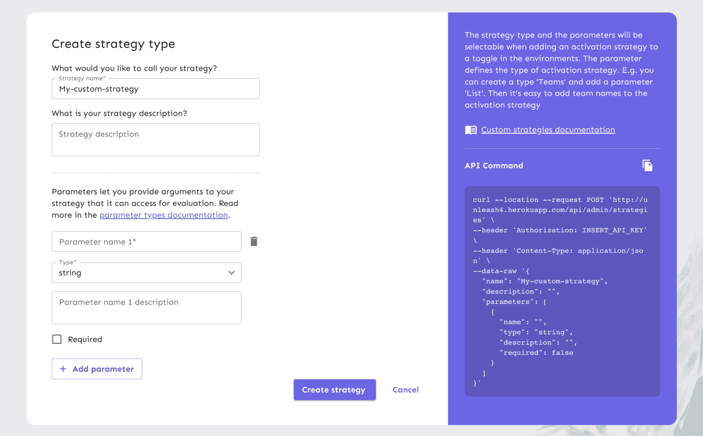 A strategy creation form. It has fields labeled &quot;strategy name&quot; — &quot;TimeStamp&quot; — and &quot;description&quot; — &quot;activate flag after a given timestamp&quot;. It also has fields for a parameter named &quot;enableAfter&quot;. The parameter is of type &quot;string&quot; and the parameter description is &quot;Expected format: YYYY-MM-DD HH:MM&quot;. The parameter is required.